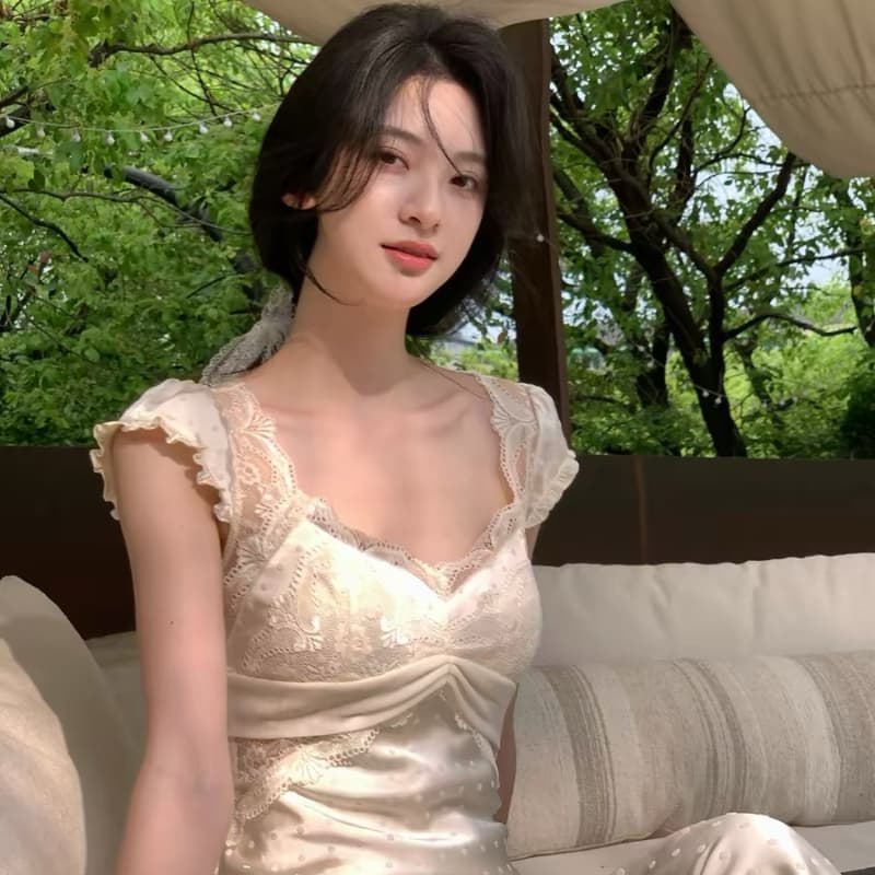 하나부터 순간 스타 눈물 프랑스식 레트로 레이스 도트 무늬 드레스 분위기 센스 V넥 작은 날다 소매 허리 수축 치마