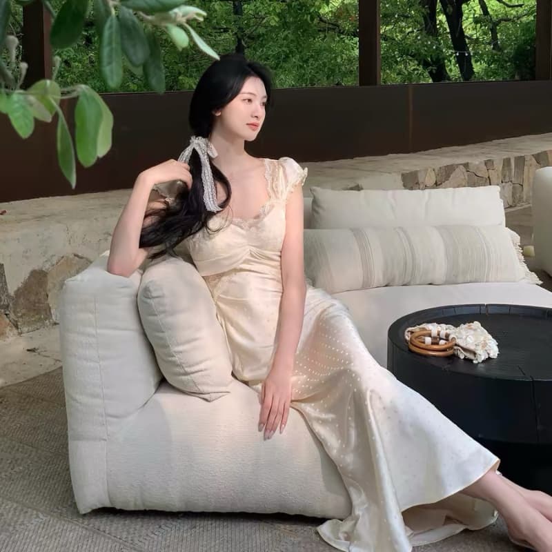 하나부터 순간 스타 눈물 프랑스식 레트로 레이스 도트 무늬 드레스 분위기 센스 V넥 작은 날다 소매 허리 수축 치마 이미지 2