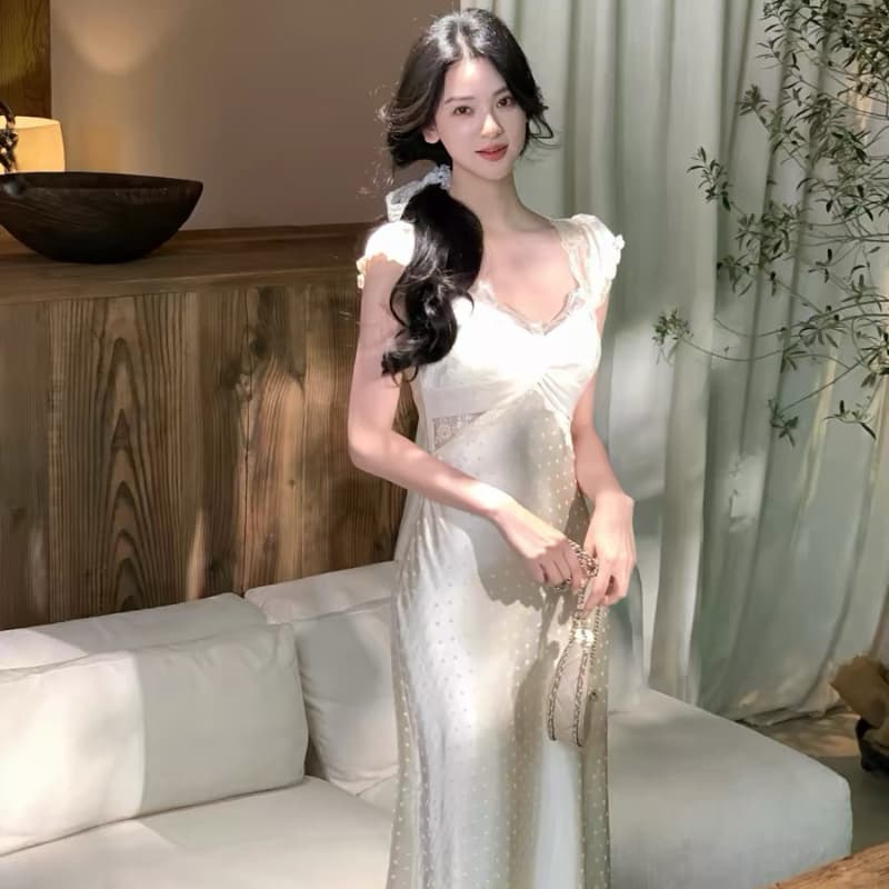 하나부터 순간 스타 눈물 프랑스식 레트로 레이스 도트 무늬 드레스 분위기 센스 V넥 작은 날다 소매 허리 수축 치마 이미지 3