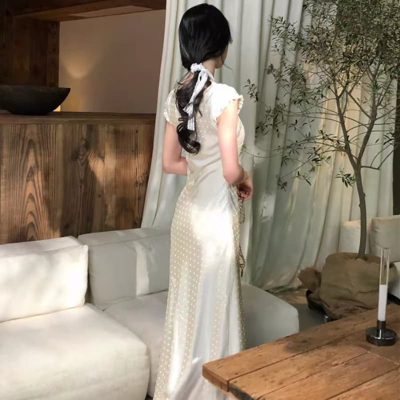 하나부터 순간 스타 눈물 프랑스식 레트로 레이스 도트 무늬 드레스 분위기 센스 V넥 작은 날다 소매 허리 수축 치마 이미지 5