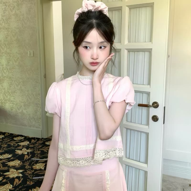 mucha 나무 차 집어 들다 꿈 작 은 상자 달콤한 스타일 레이스 투피스 세트 반팔 맨위 소녀 센스 반신 치마 세트 이미지 4