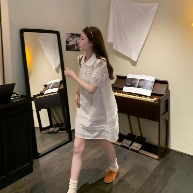 realzz official 하나 닝 챕터 챕터 우유 화이트 치자 나무 소녀 센스 패치워크 레이스 베이비 칼라 드레스 이미지 2