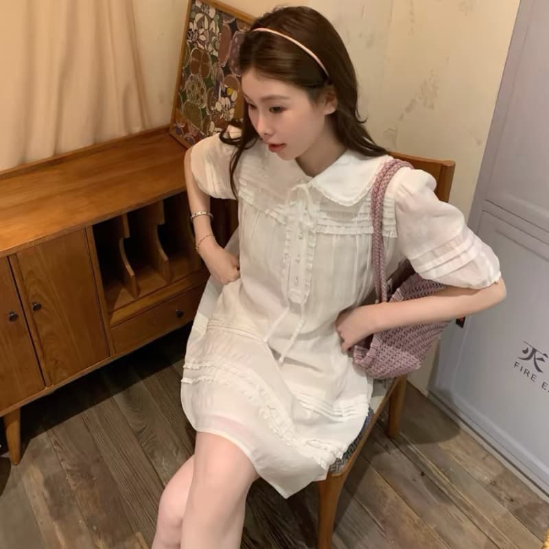 realzz official 하나 닝 챕터 챕터 우유 화이트 치자 나무 소녀 센스 패치워크 레이스 베이비 칼라 드레스 이미지 5