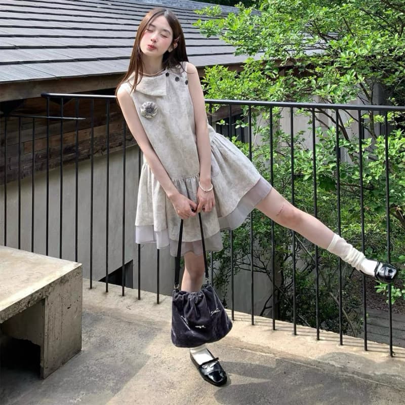 mucha 나무 차 회색 달 이끼 프랑스식 달콤한 스타일 민소매 망사 패치워크 여성 드레스 슬림해 보이는 인형 치마