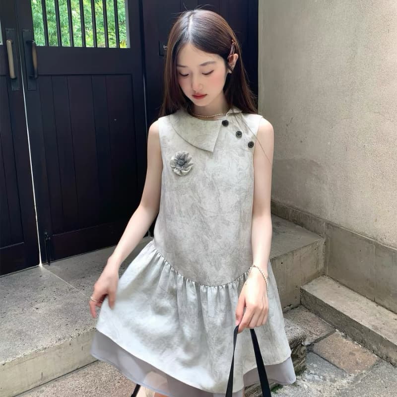 mucha 나무 차 회색 달 이끼 프랑스식 달콤한 스타일 민소매 망사 패치워크 여성 드레스 슬림해 보이는 인형 치마 이미지 2