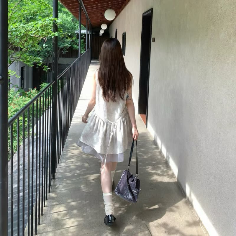mucha 나무 차 회색 달 이끼 프랑스식 달콤한 스타일 민소매 망사 패치워크 여성 드레스 슬림해 보이는 인형 치마 이미지 5