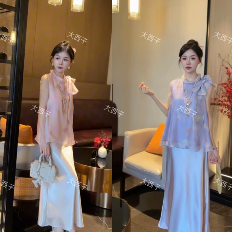 프릴 레이스업 민소매 맨위 깃발 새틴 반신 스커트 두 조각 여성 세트 여름 품격 빛 요리 한 세트