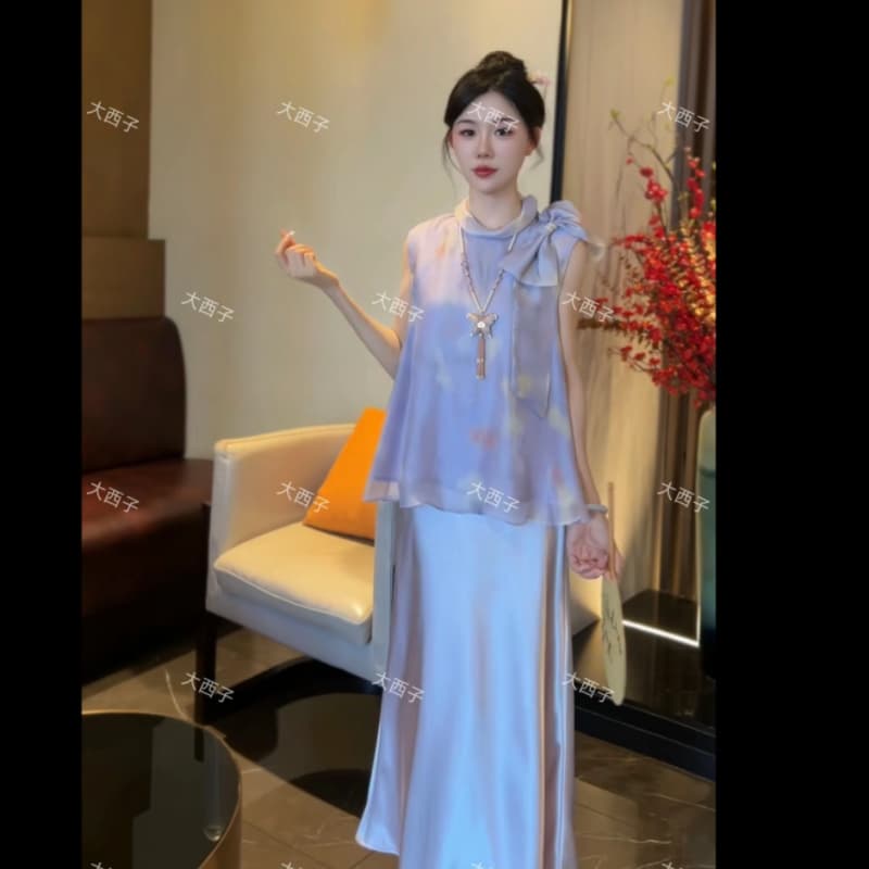 프릴 레이스업 민소매 맨위 깃발 새틴 반신 스커트 두 조각 여성 세트 여름 품격 빛 요리 한 세트 이미지 4