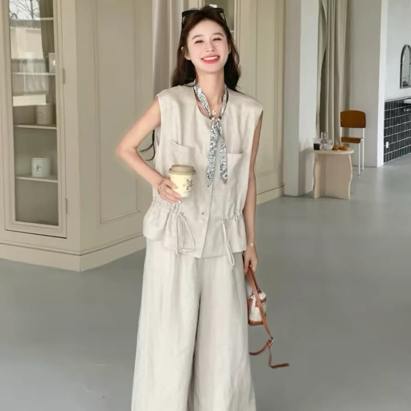 고급 느슨함 센스 면 린넨 세트 여성 2026 여름 품격 레트로 캐주얼 펌프 로프 베스트 와이드 레그 팬츠 투피스 세트 이미지 4