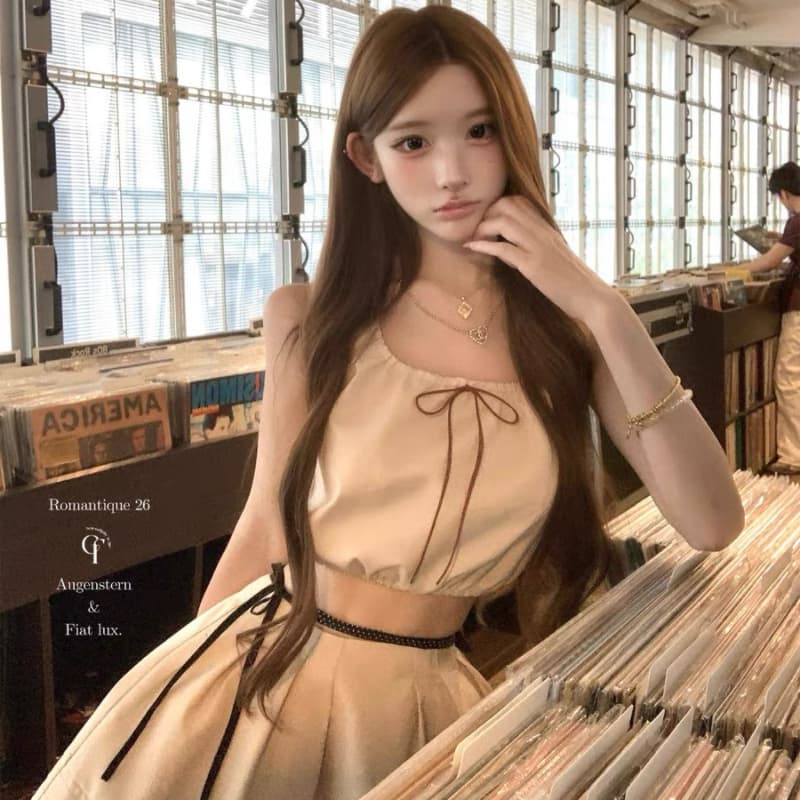늦게 우산 우산 26 ss 캐러멜 작은 원 장 원 영어 같은 단락 miu 부서 카키 색 레이스업 맨위 반 스커트 세트 그룹 이미지 5