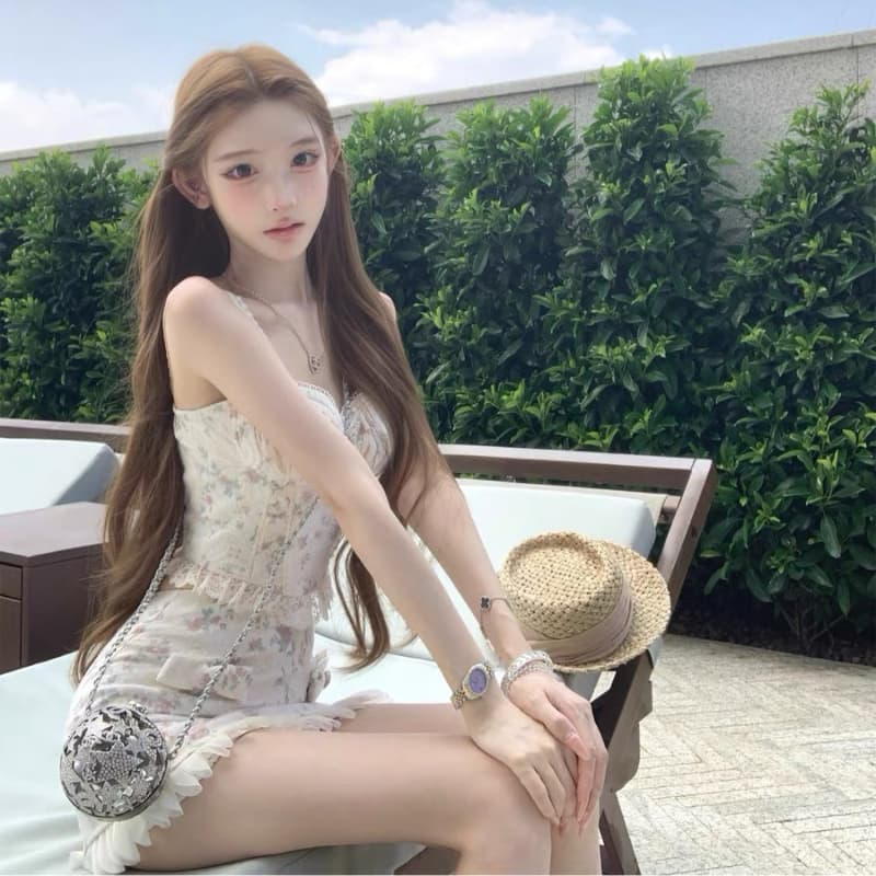 늦게 우산 우산 26 ss 남쪽 법 아이리스 jubi 자수 꽃무늬 허리 수축 레이스업 맨위 꽃무늬 꽃잎 미니 스커트 이미지 4