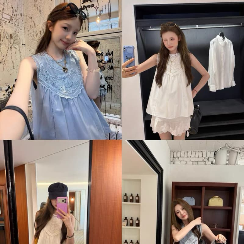 aaaaxbbb 시험 텍스트 특별 꽃 집 홀로우 아웃 레이스 세트 민소매 맨위 미니 스커트 순면 투피스 세트 블루 화이트
