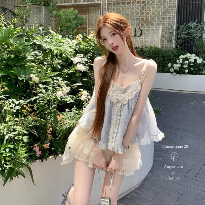 늦게 우산 우산 26 ss 달콤한 배 푸 푸 헤일로 염색 블루 레이스 좋은 플래시 레이스업 스팽글 맨위 이미지 3