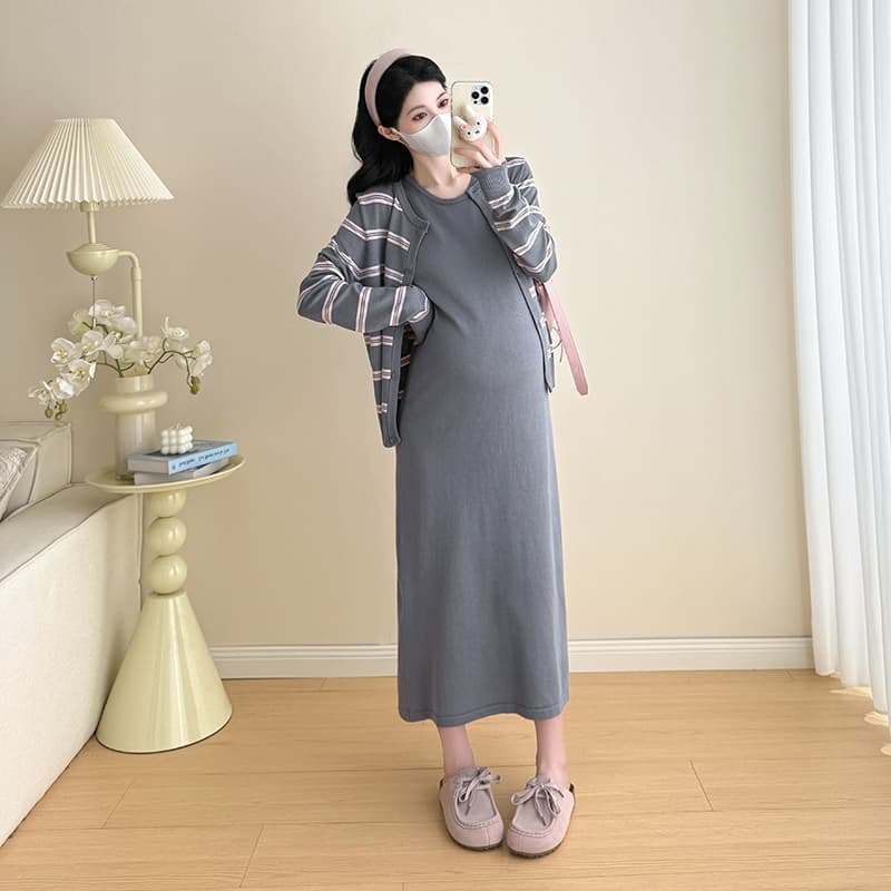 실사 이른 가을 새로운 니트 드레스 가을 임산부 느긋한 바람 한국 스타일 투피스 세트 이미지 3