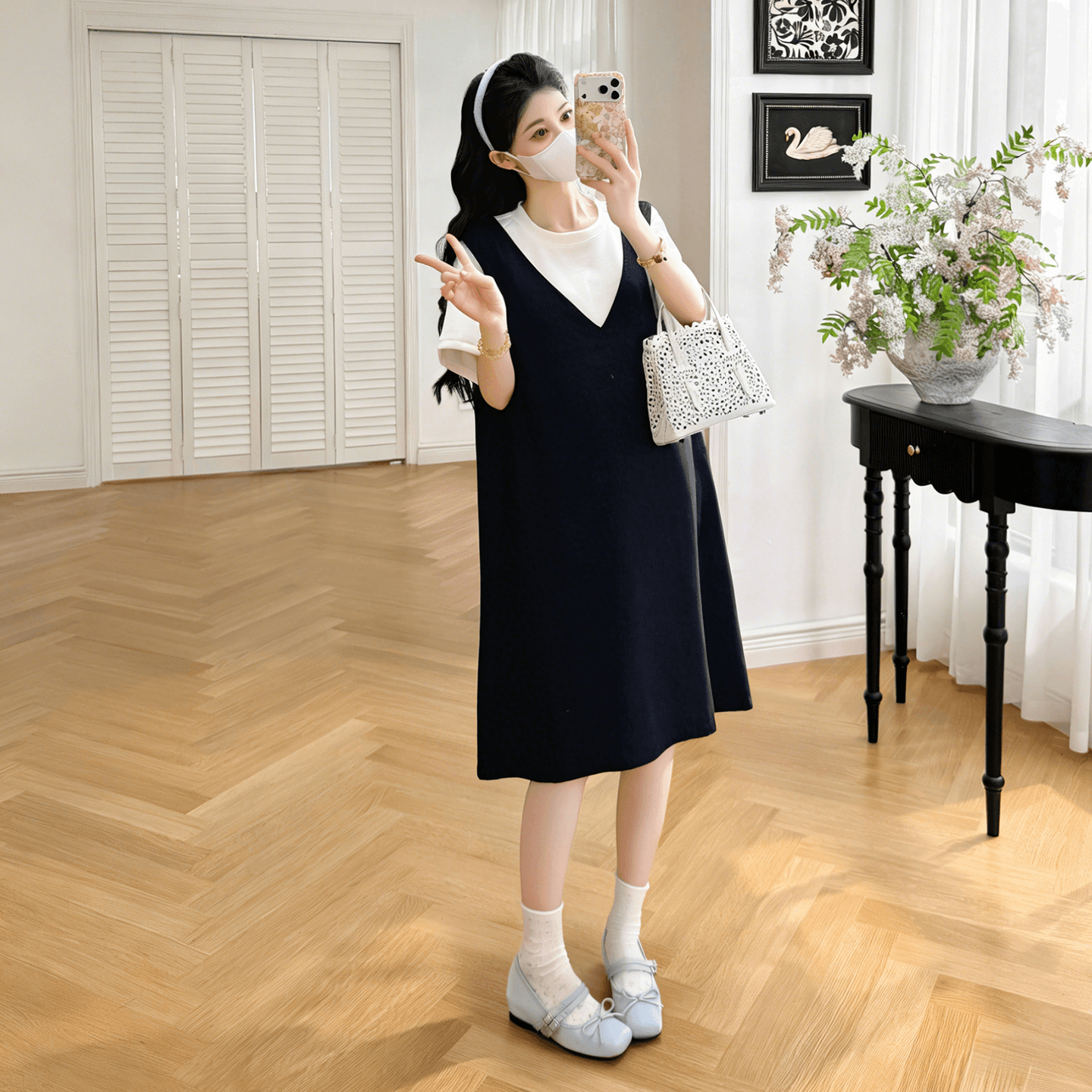 실사 새로운 임산부 반팔 패치워크 드레스 루즈핏 슬림해 보이는 연령 감소 페이크 레이어드 치마 이미지 4