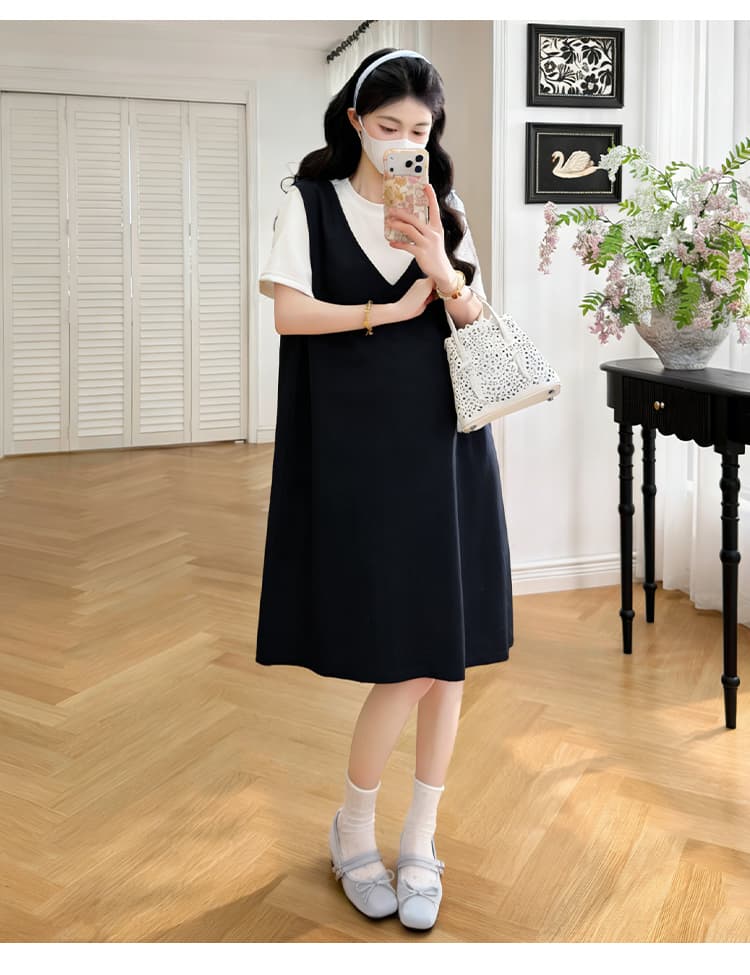 실사 새로운 임산부 반팔 패치워크 드레스 루즈핏 슬림해 보이는 연령 감소 페이크 레이어드 치마 상세 이미지 24
