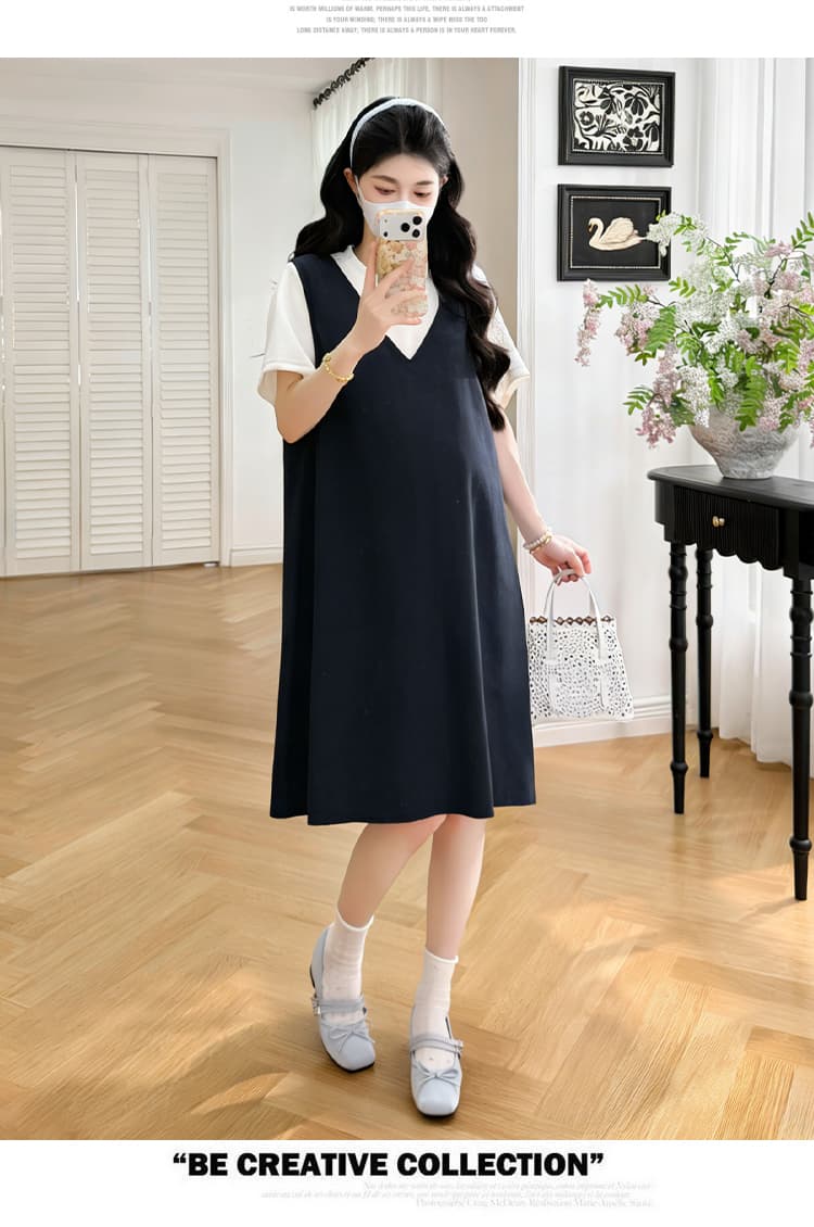 실사 새로운 임산부 반팔 패치워크 드레스 루즈핏 슬림해 보이는 연령 감소 페이크 레이어드 치마 상세 이미지 30