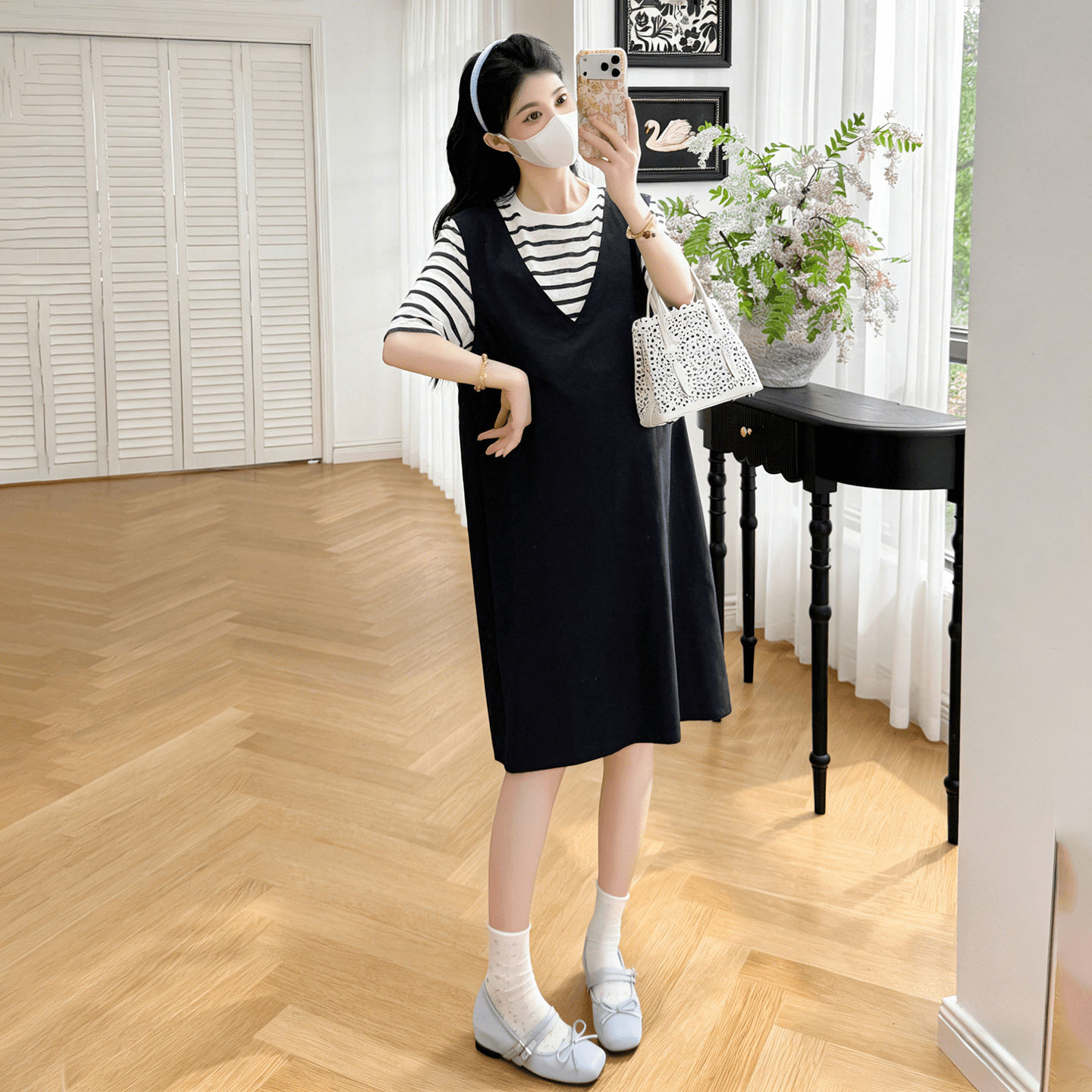 실사 새로운 임산부 반팔 패치워크 드레스 루즈핏 슬림해 보이는 연령 감소 페이크 레이어드 치마 이미지 5