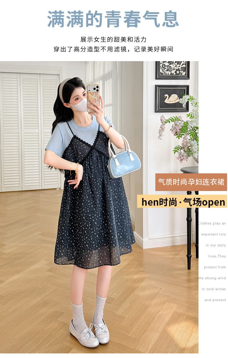 실사 임산부 드레스 여름 새로운 페이크 레이어드 라운드 넥 익스트림 제인 바람 미니 스커트 상세 이미지 1