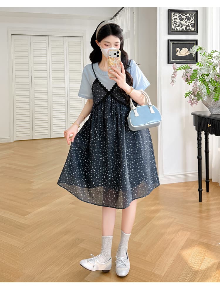 실사 임산부 드레스 여름 새로운 페이크 레이어드 라운드 넥 익스트림 제인 바람 미니 스커트 상세 이미지 16