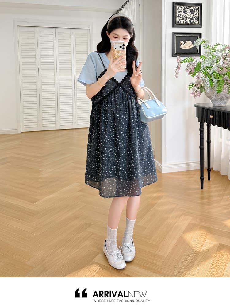 실사 임산부 드레스 여름 새로운 페이크 레이어드 라운드 넥 익스트림 제인 바람 미니 스커트 상세 이미지 18