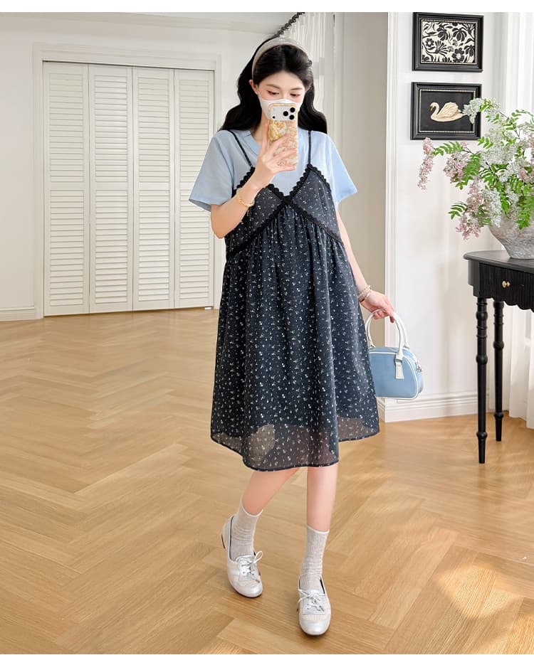 실사 임산부 드레스 여름 새로운 페이크 레이어드 라운드 넥 익스트림 제인 바람 미니 스커트 상세 이미지 19
