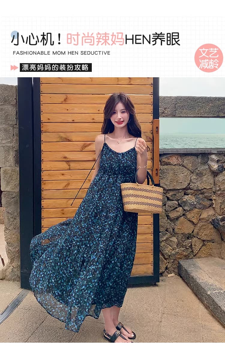 파란색 감기 센스 아름다운 꽃무늬 슬립 드레스 새로운 새로운 여름 고급 센스 임산부 드레스 상세 이미지 1