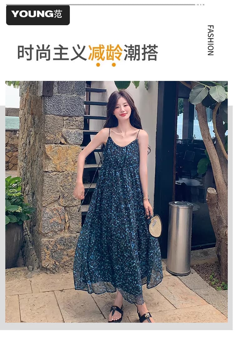 파란색 감기 센스 아름다운 꽃무늬 슬립 드레스 새로운 새로운 여름 고급 센스 임산부 드레스 상세 이미지 2
