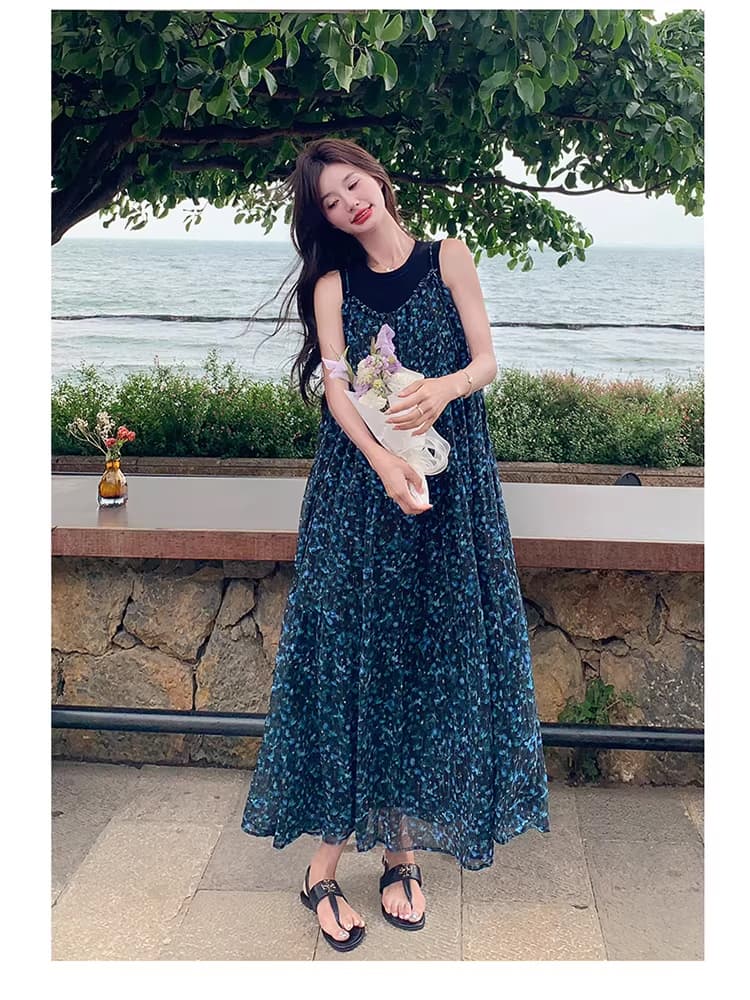 파란색 감기 센스 아름다운 꽃무늬 슬립 드레스 새로운 새로운 여름 고급 센스 임산부 드레스 상세 이미지 21