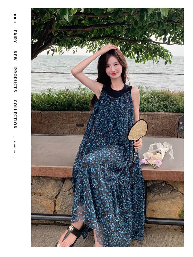 파란색 감기 센스 아름다운 꽃무늬 슬립 드레스 새로운 새로운 여름 고급 센스 임산부 드레스 상세 이미지 22