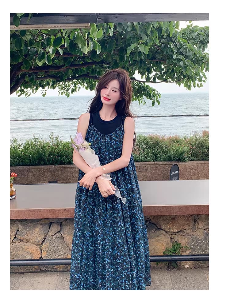 파란색 감기 센스 아름다운 꽃무늬 슬립 드레스 새로운 새로운 여름 고급 센스 임산부 드레스 상세 이미지 23