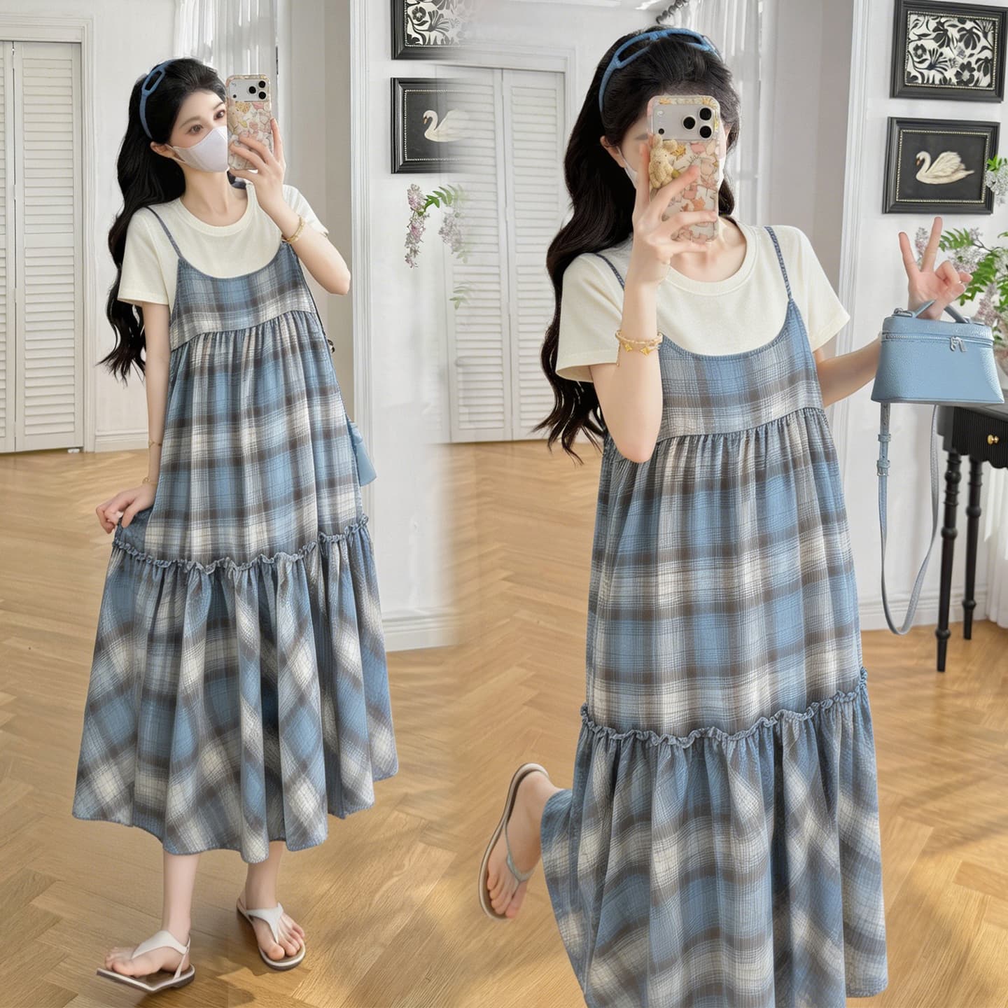 실사 임산부 달콤함 체크무늬 스택 착용 숙박 벨트 캐주얼 패치워크 루즈핏 점프 슈트 치마 세트 이미지 3