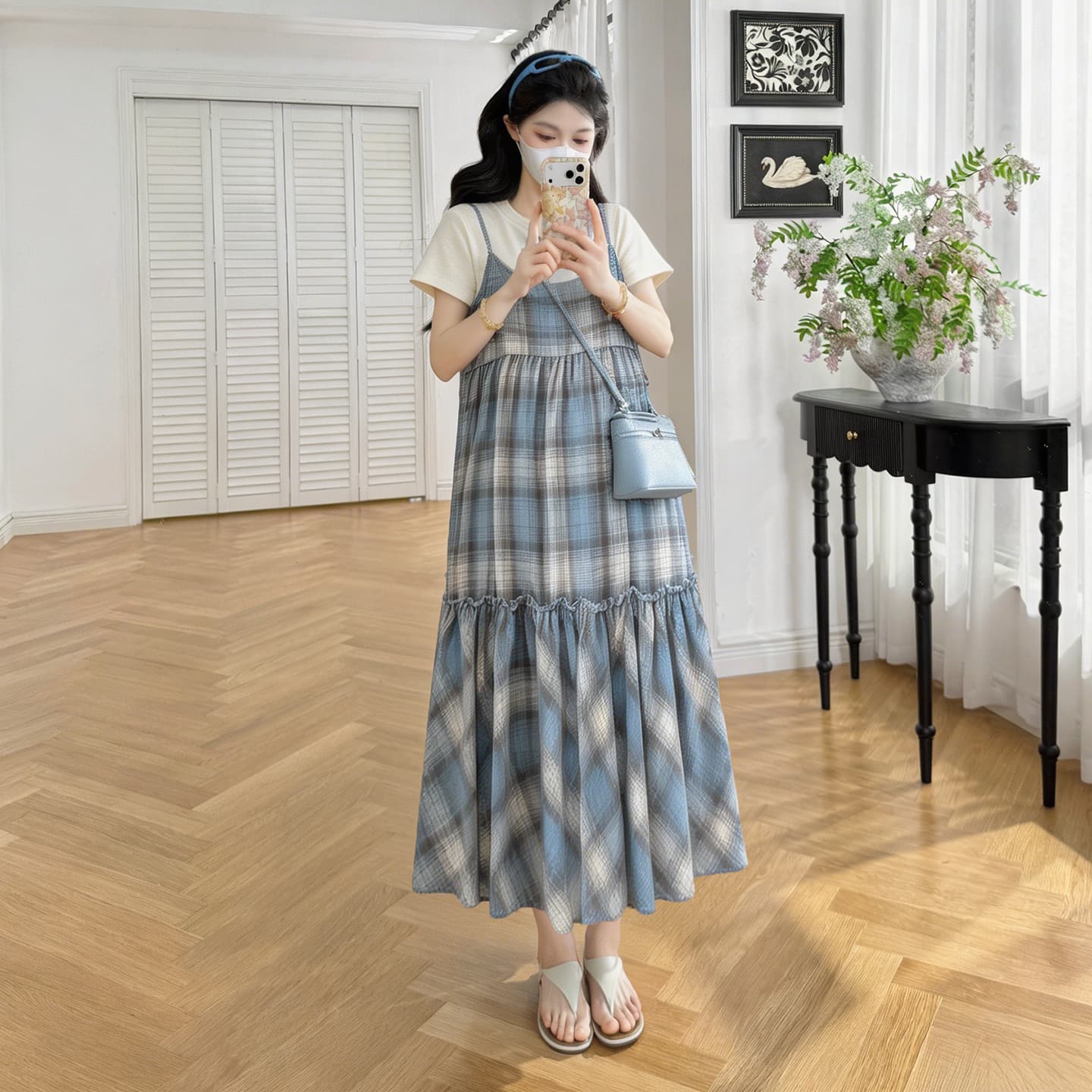 실사 임산부 달콤함 체크무늬 스택 착용 숙박 벨트 캐주얼 패치워크 루즈핏 점프 슈트 치마 세트 이미지 4