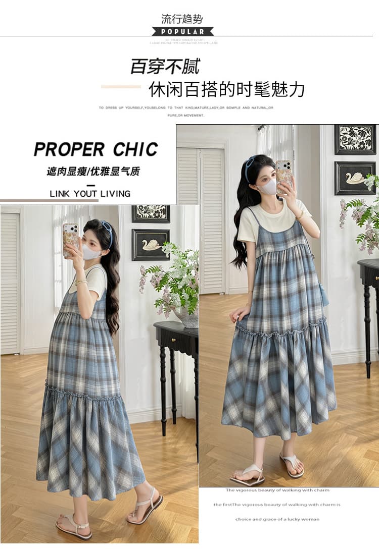 실사 임산부 달콤함 체크무늬 스택 착용 숙박 벨트 캐주얼 패치워크 루즈핏 점프 슈트 치마 세트 상세 이미지 3
