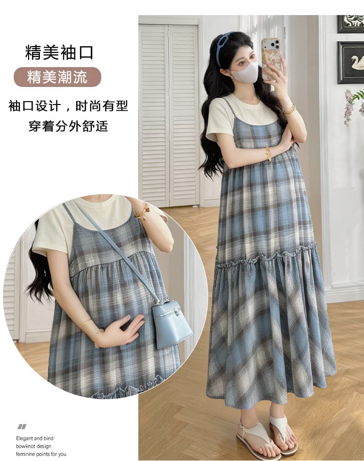 실사 임산부 달콤함 체크무늬 스택 착용 숙박 벨트 캐주얼 패치워크 루즈핏 점프 슈트 치마 세트 상세 이미지 6