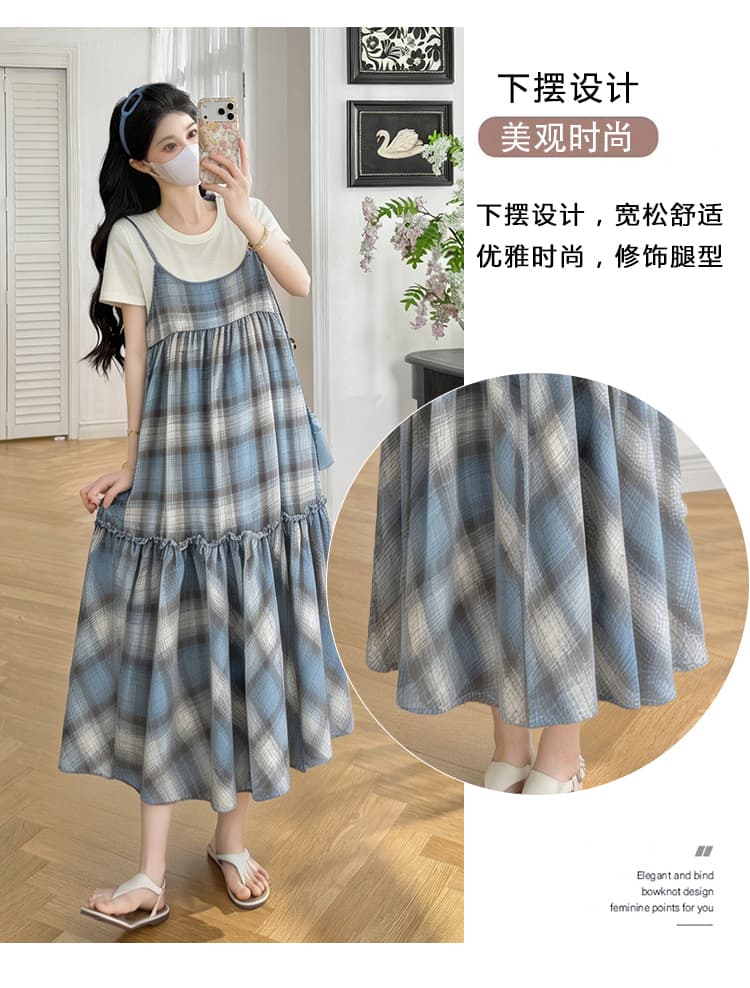 실사 임산부 달콤함 체크무늬 스택 착용 숙박 벨트 캐주얼 패치워크 루즈핏 점프 슈트 치마 세트 상세 이미지 7
