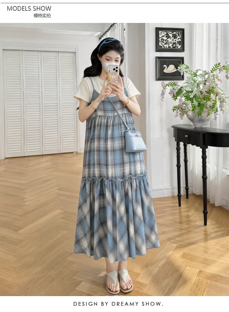 실사 임산부 달콤함 체크무늬 스택 착용 숙박 벨트 캐주얼 패치워크 루즈핏 점프 슈트 치마 세트 상세 이미지 11