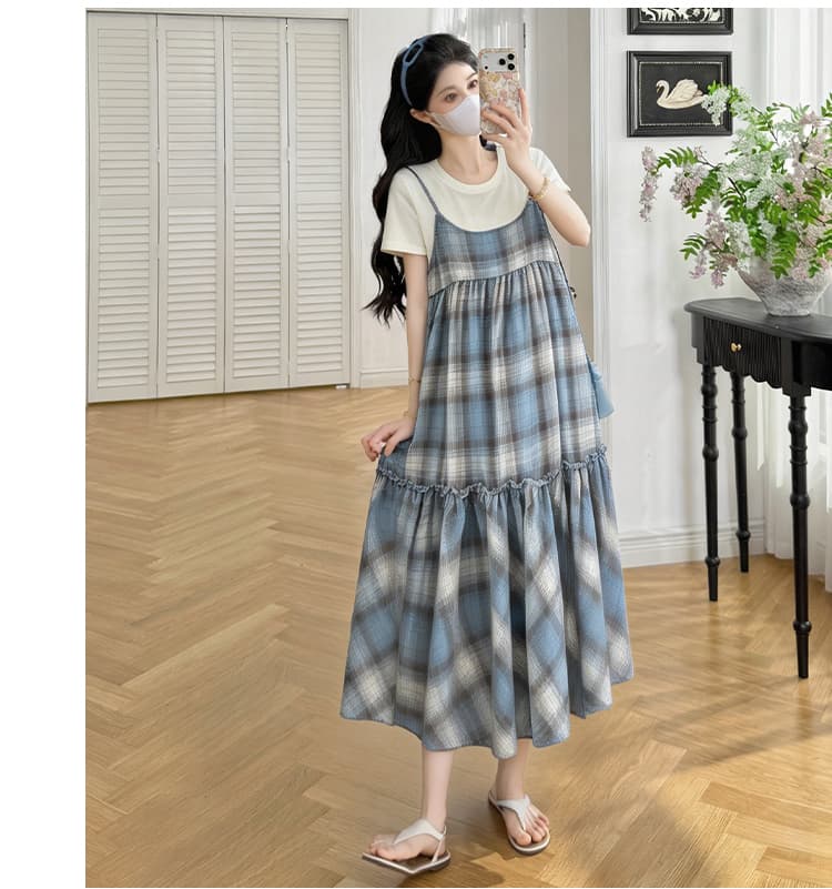 실사 임산부 달콤함 체크무늬 스택 착용 숙박 벨트 캐주얼 패치워크 루즈핏 점프 슈트 치마 세트 상세 이미지 15