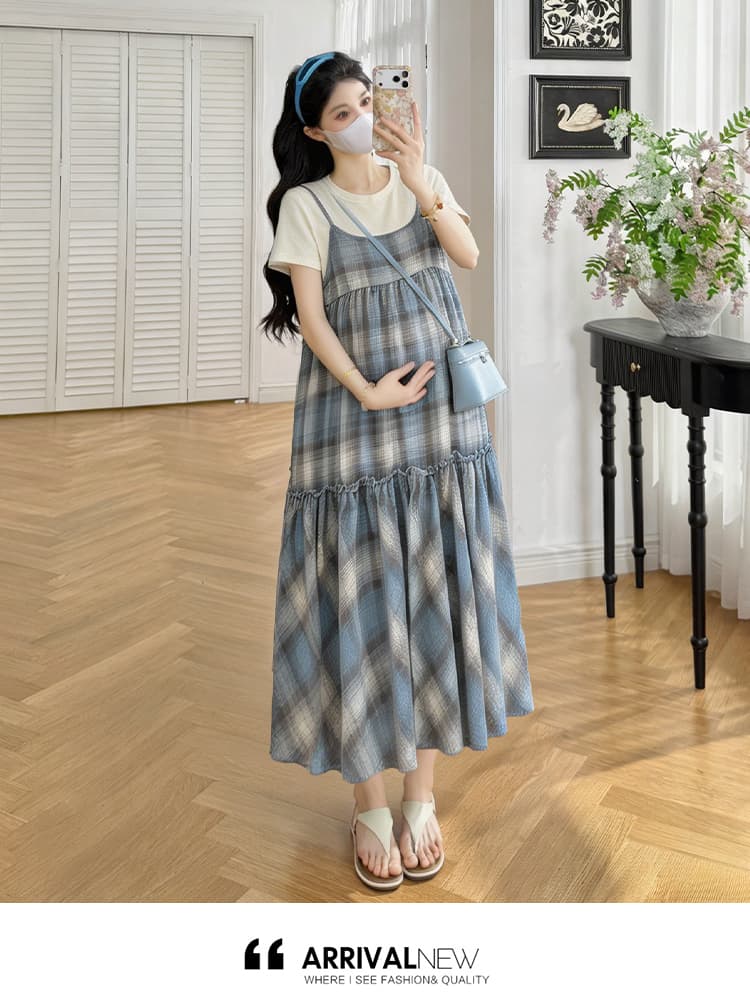 실사 임산부 달콤함 체크무늬 스택 착용 숙박 벨트 캐주얼 패치워크 루즈핏 점프 슈트 치마 세트 상세 이미지 18