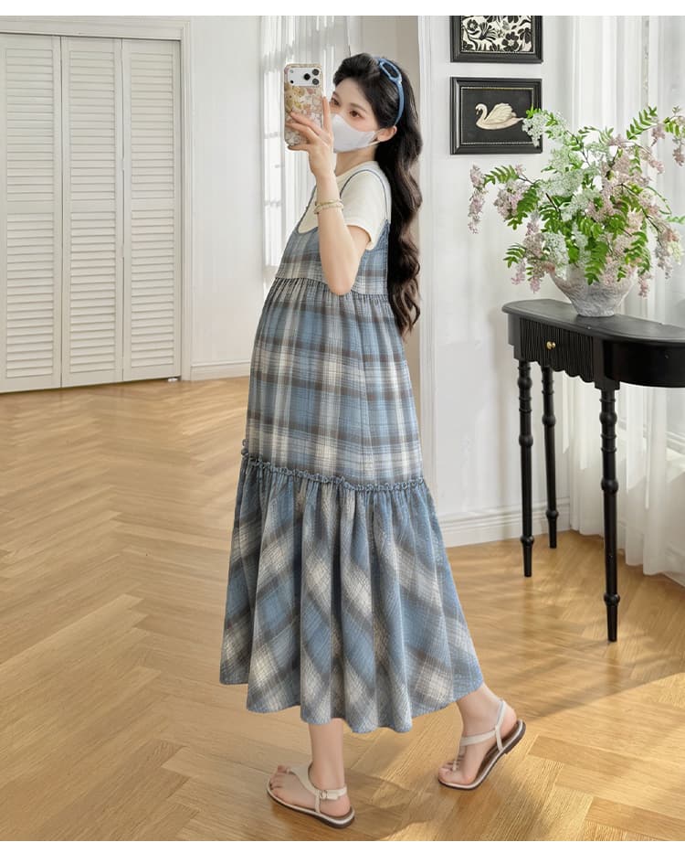 실사 임산부 달콤함 체크무늬 스택 착용 숙박 벨트 캐주얼 패치워크 루즈핏 점프 슈트 치마 세트 상세 이미지 19