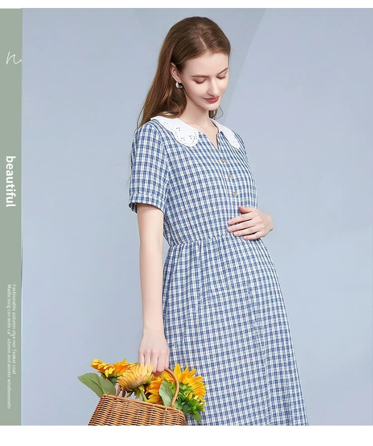 임산부 드레스 여름 새로운 그리드 애버딘 프랑스식 캐주얼 임신 기간 외국 가스 치마 상세 이미지 4