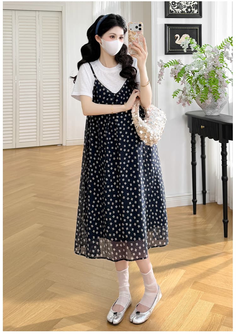 실사 여름 임산부 외국 가스 표지 배 프랑스식 롱 스커트 꽃무늬 드레스 상세 이미지 12