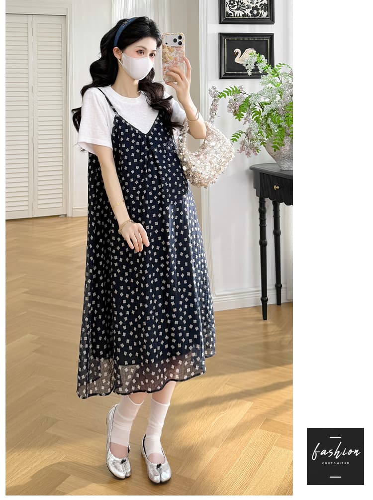실사 여름 임산부 외국 가스 표지 배 프랑스식 롱 스커트 꽃무늬 드레스 상세 이미지 13
