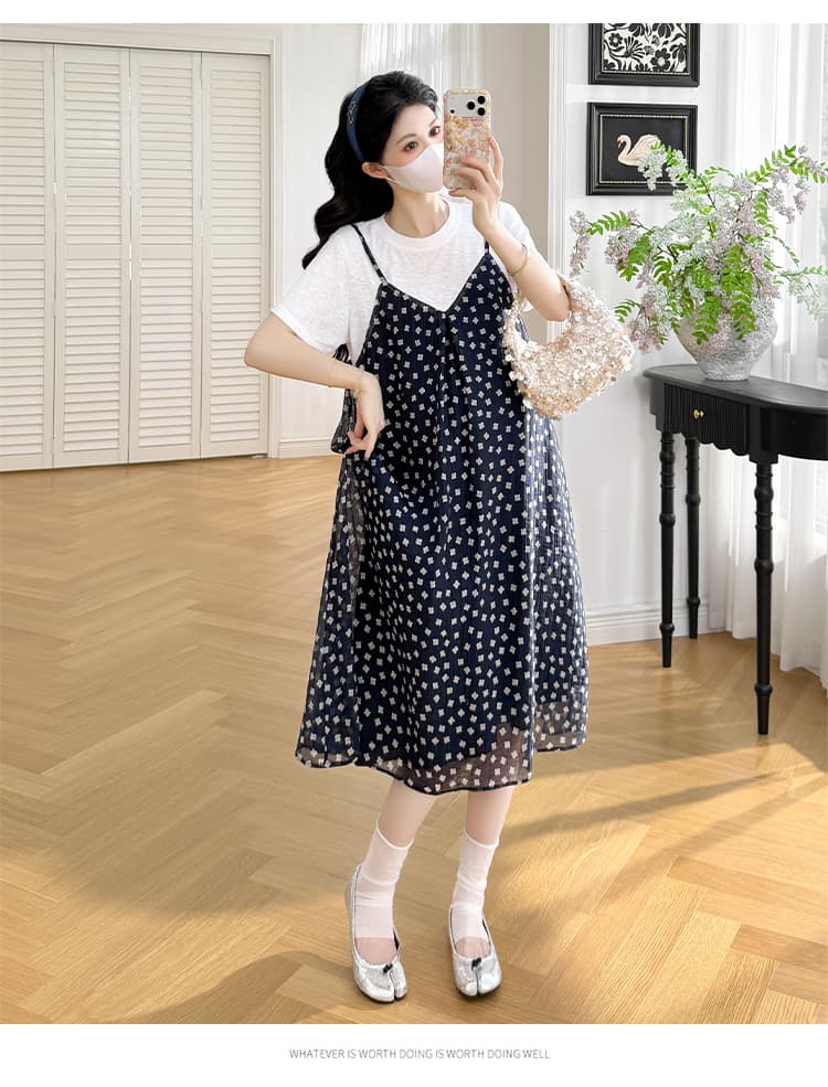 실사 여름 임산부 외국 가스 표지 배 프랑스식 롱 스커트 꽃무늬 드레스 상세 이미지 15