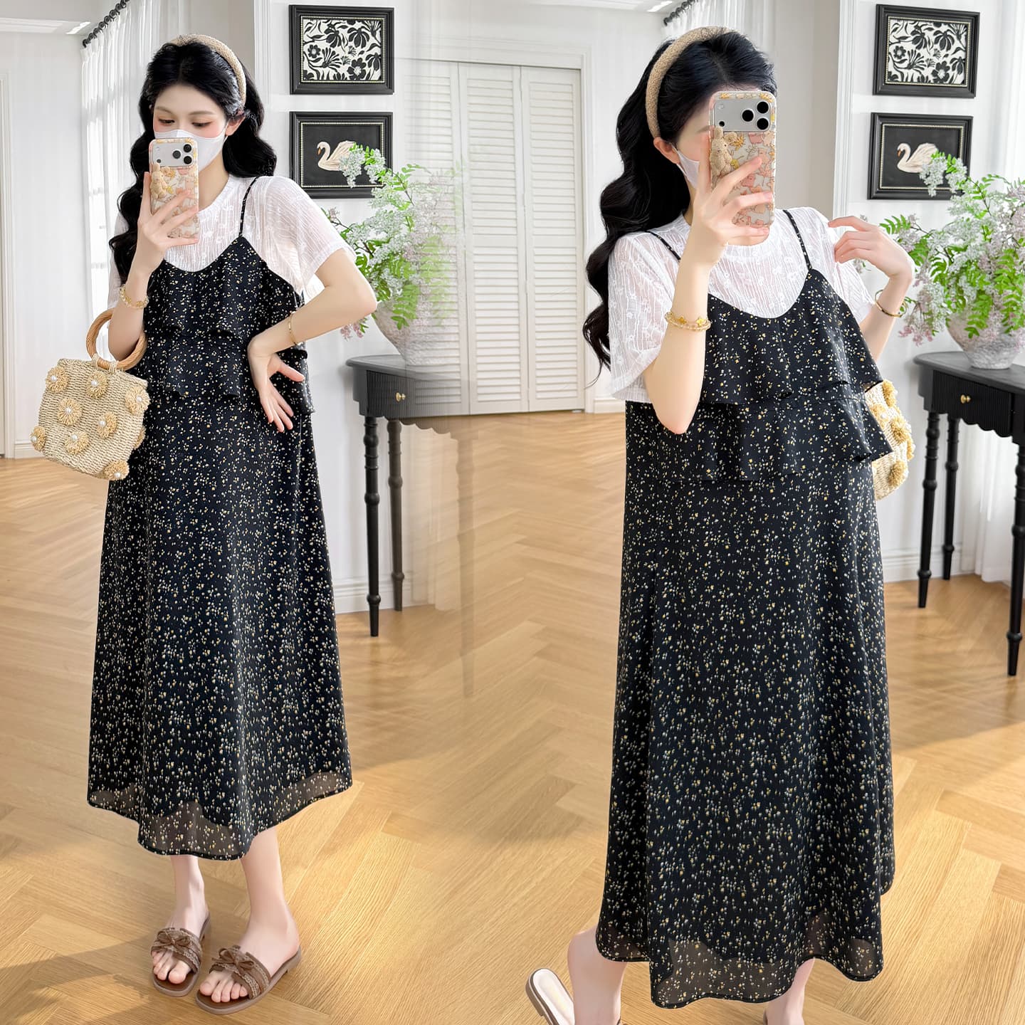 실사 외국 가스 연령 감소 쉬폰 깨진 임산부 드레스 여름 페이크 레이어드 치마 이미지 2