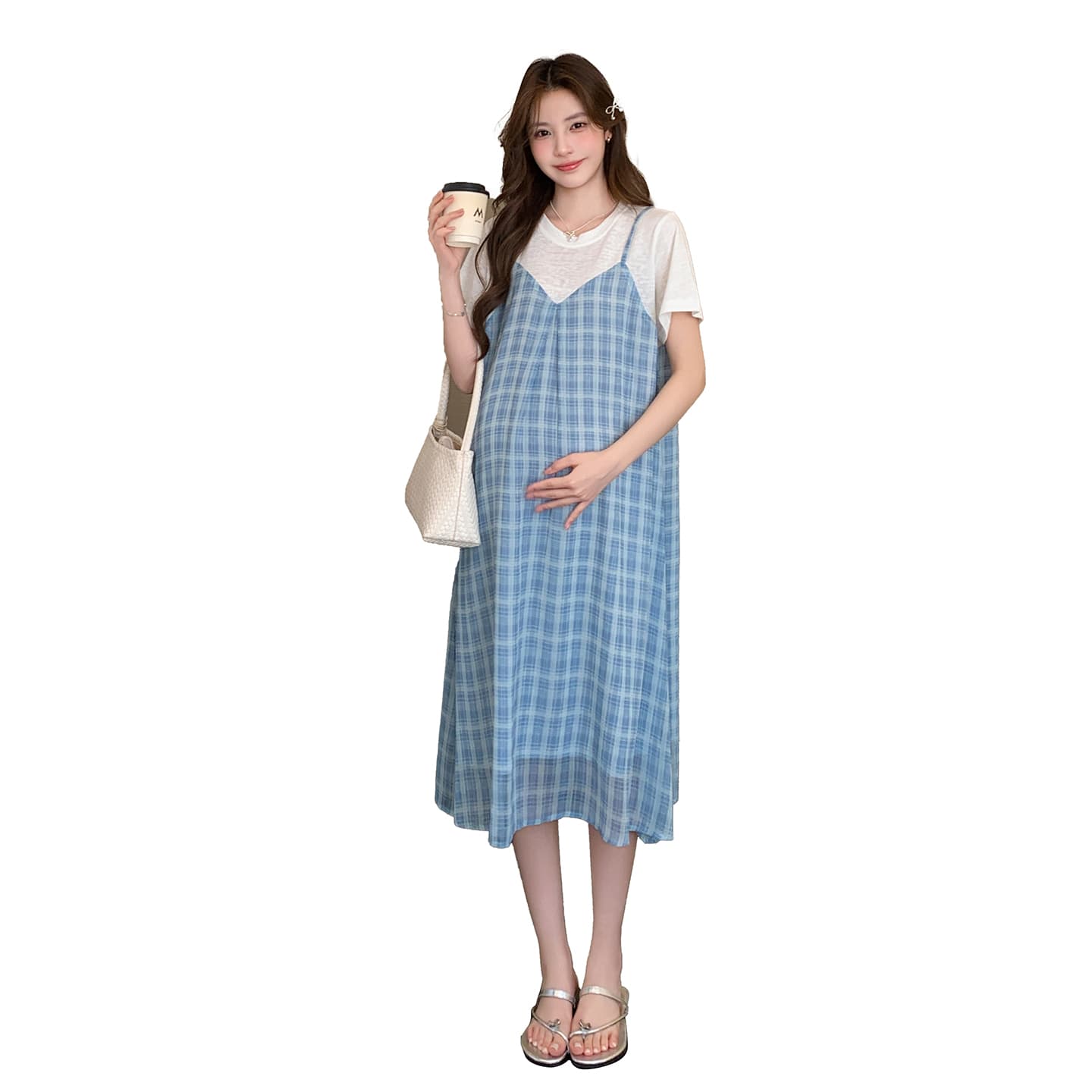 실사 임산부 페이크 레이어드 여름 패션 외국 가스 시원한 안개 안개 블루 그리드 치마 이미지 6