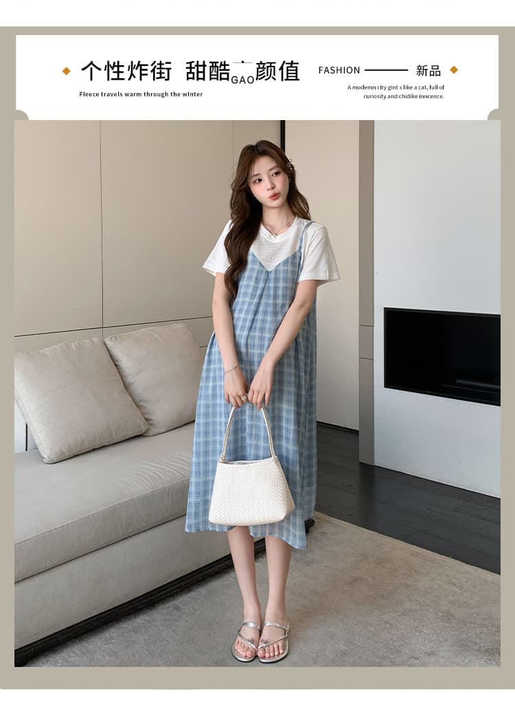 실사 임산부 페이크 레이어드 여름 패션 외국 가스 시원한 안개 안개 블루 그리드 치마 상세 이미지 2