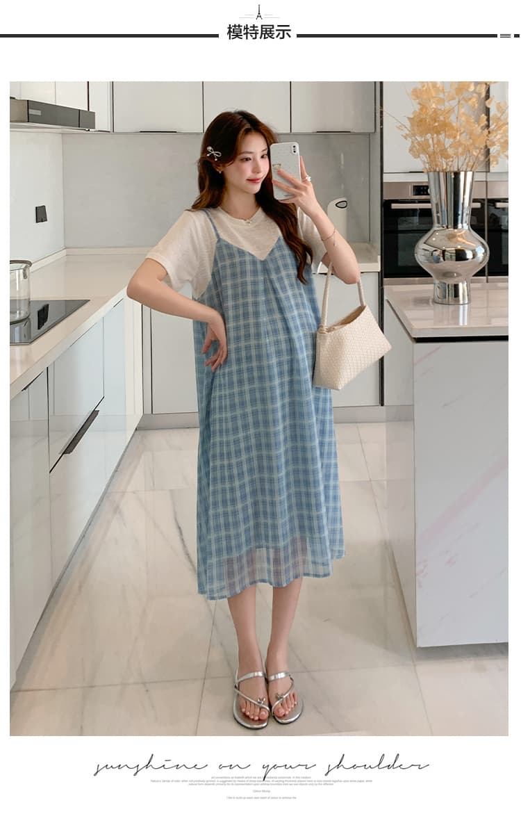 실사 임산부 페이크 레이어드 여름 패션 외국 가스 시원한 안개 안개 블루 그리드 치마 상세 이미지 9