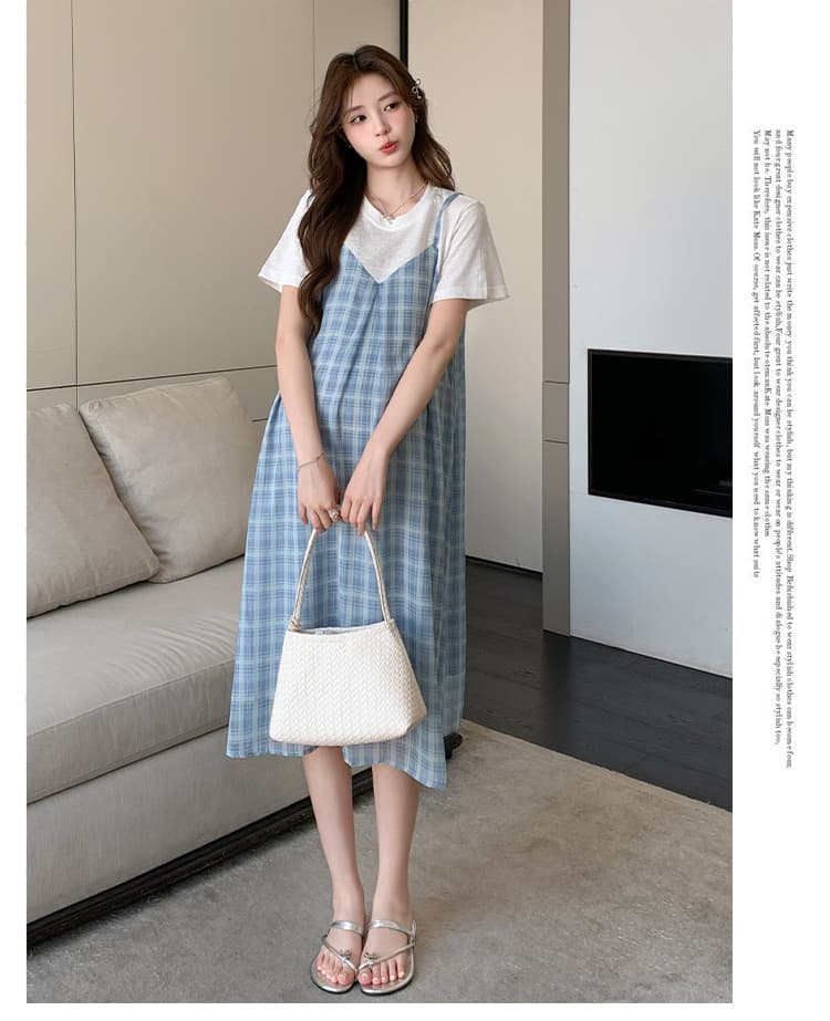 실사 임산부 페이크 레이어드 여름 패션 외국 가스 시원한 안개 안개 블루 그리드 치마 상세 이미지 12