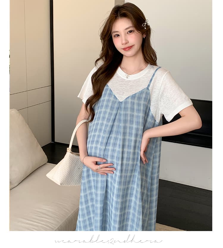 실사 임산부 페이크 레이어드 여름 패션 외국 가스 시원한 안개 안개 블루 그리드 치마 상세 이미지 14